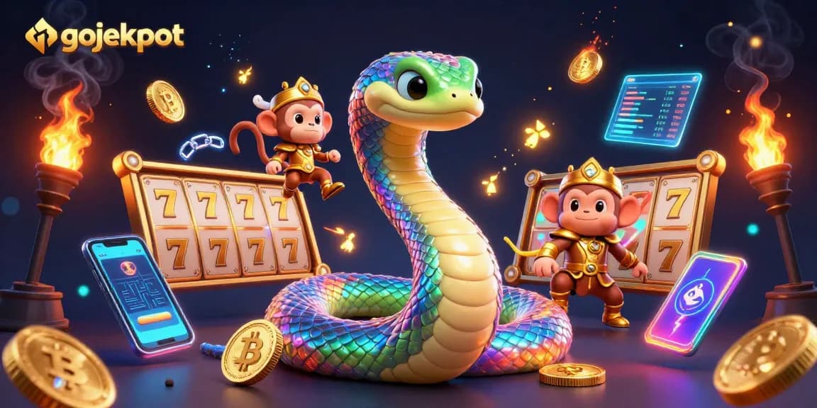 Engage with gojekpot through exciting slot games, featuring a vibrant scene of a magical serpent.