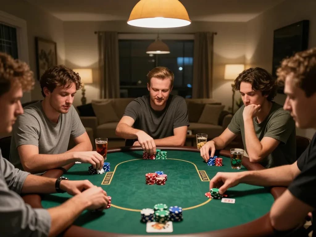 Friends enjoy poker night at home, highlighting kkwin gaming atmosphere with exciting gameplay