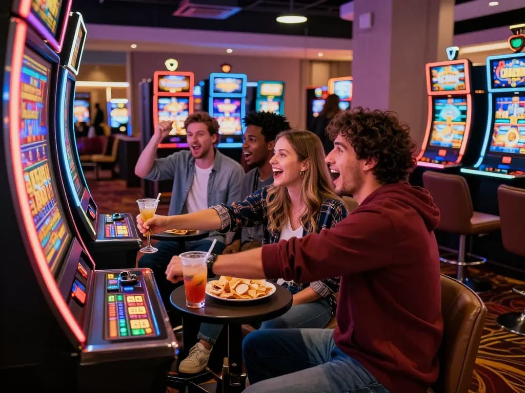Exciting kerajaanslot gaming scene with friends enjoying a vibrant casino experience.