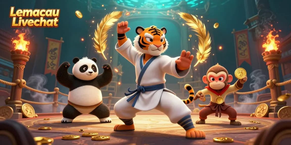 Lemacau Livechat showcases a kung fu tiger master with a panda disciple, surrounded by dynamic casino elements.