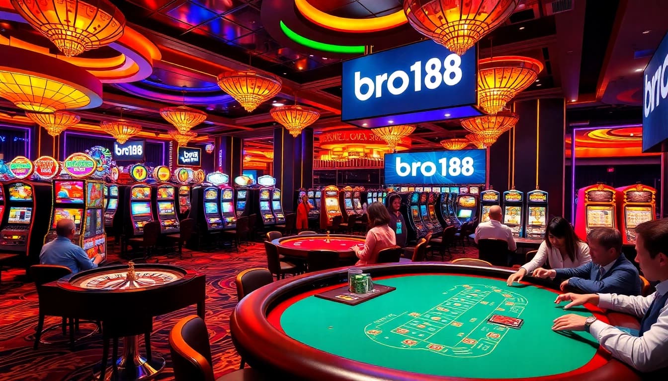 Play thrilling games at bro138 casino with vibrant slot machines and engaging poker tables.