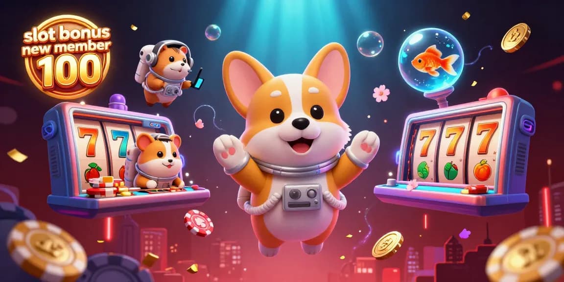 Engage with slot bonus new member 100 at a dynamic space casino featuring a floating corgi and luxurious game elements.