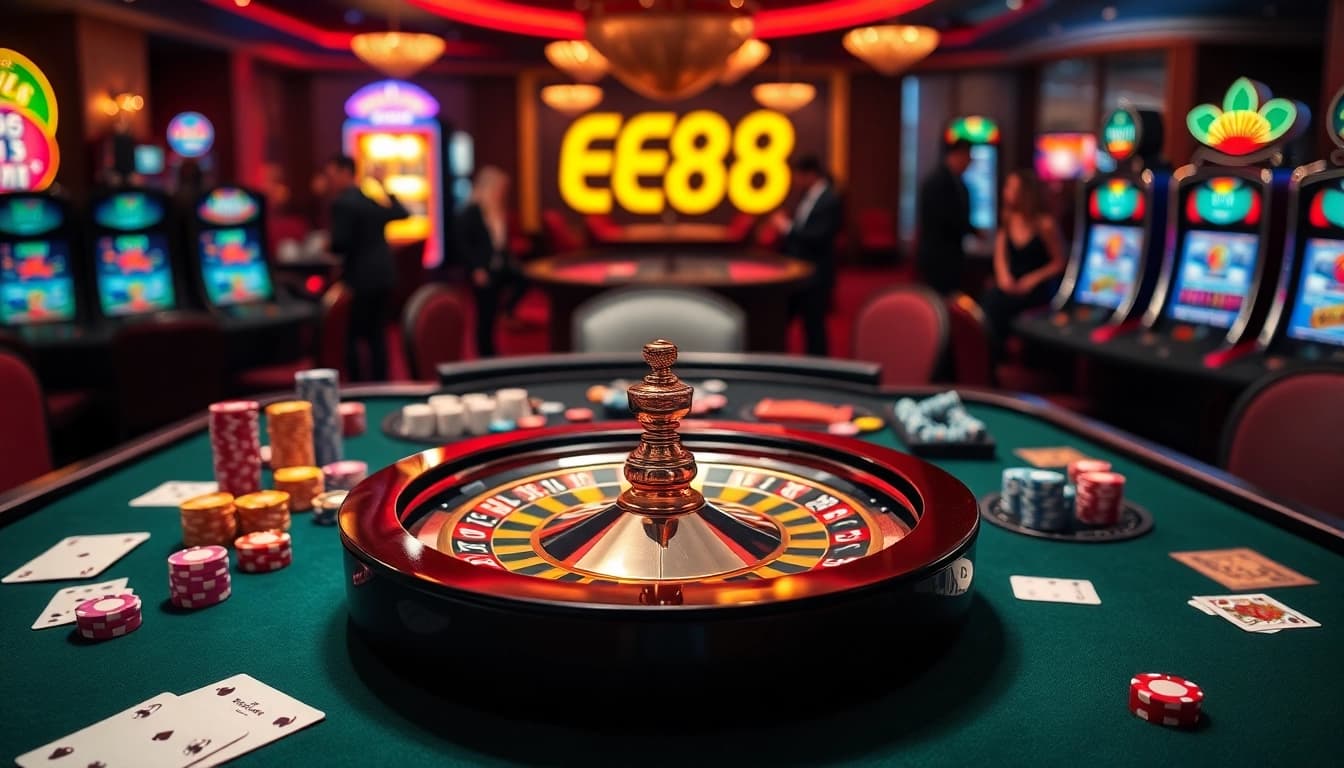 EE88 players winning at an exciting casino table with poker chips and roulette.