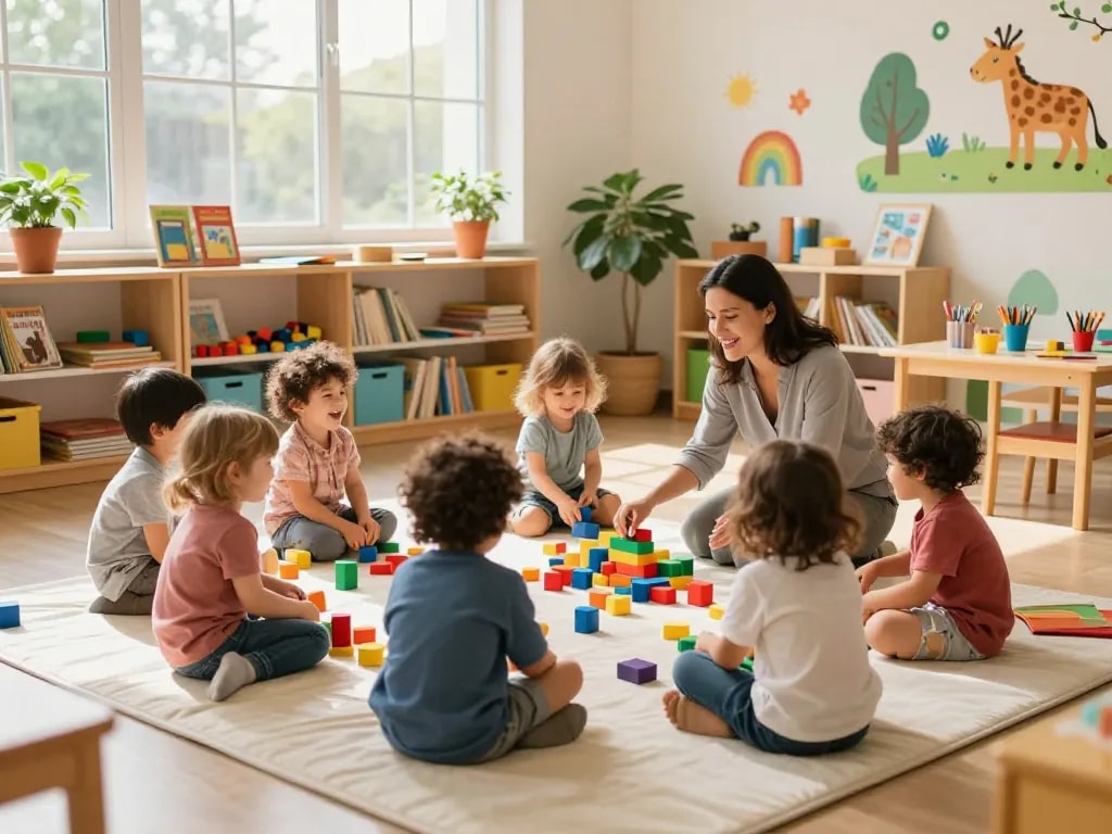 Children in a vibrant nursery environment playing creatively with panen178 educational toys.