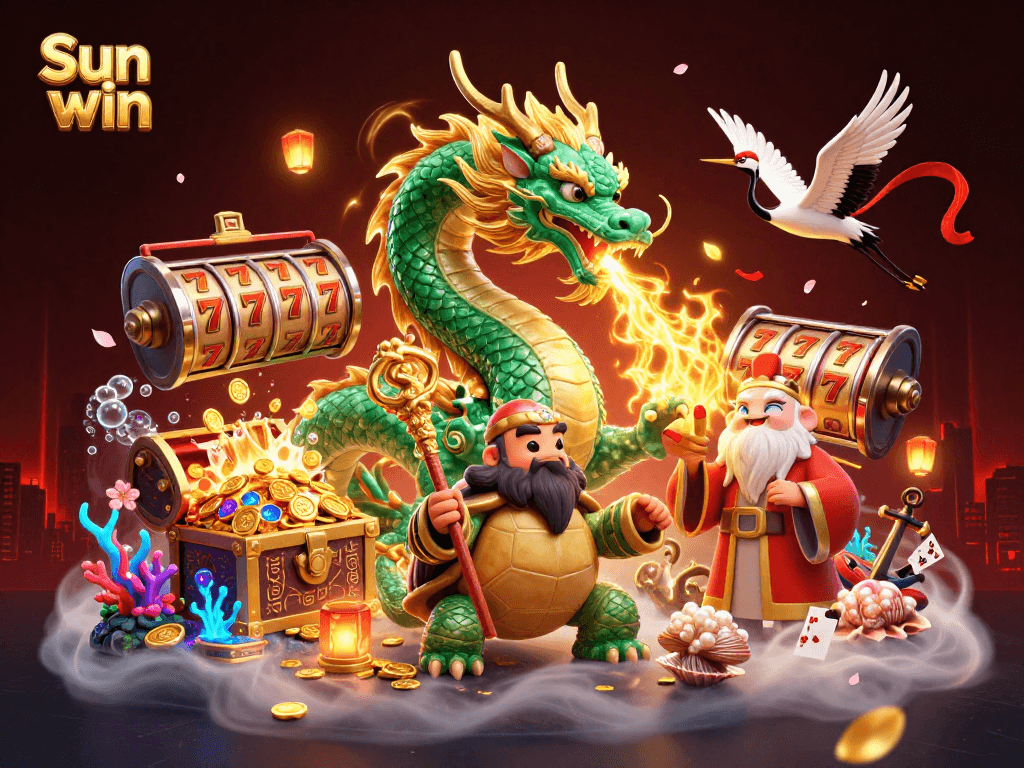 Experience the excitement of Sun win with vibrant 3D illustration of a jade dragon and lucky elements.