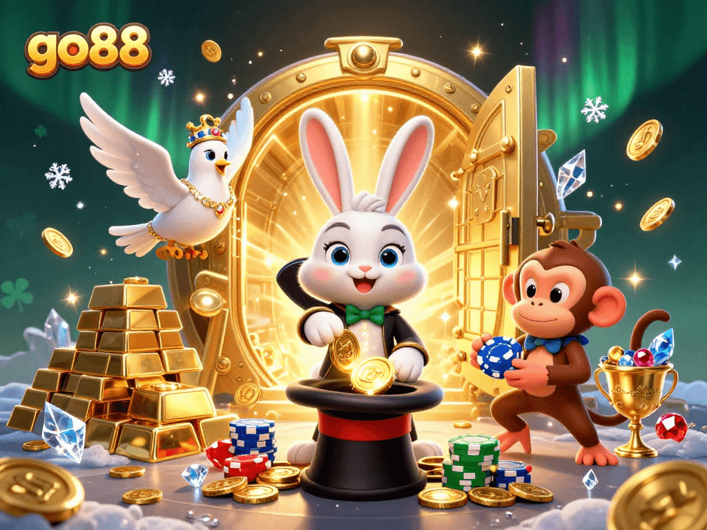 Experience thrilling wins at go88 with a vibrant 3D casino illustration featuring a magician rabbit.