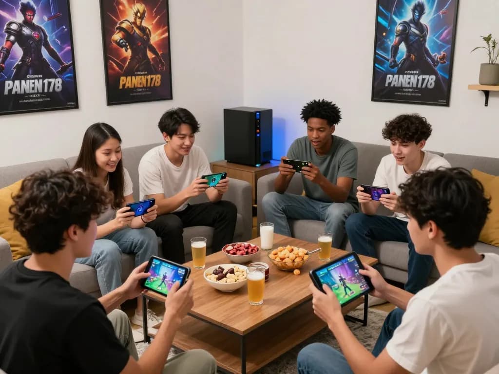 Friends enjoying Panen178 mobile game in a cozy setting with snacks and devices.