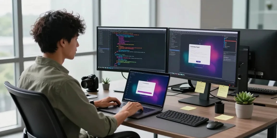 User accessing coloksgp login in a modern tech workspace with dual monitors and natural light