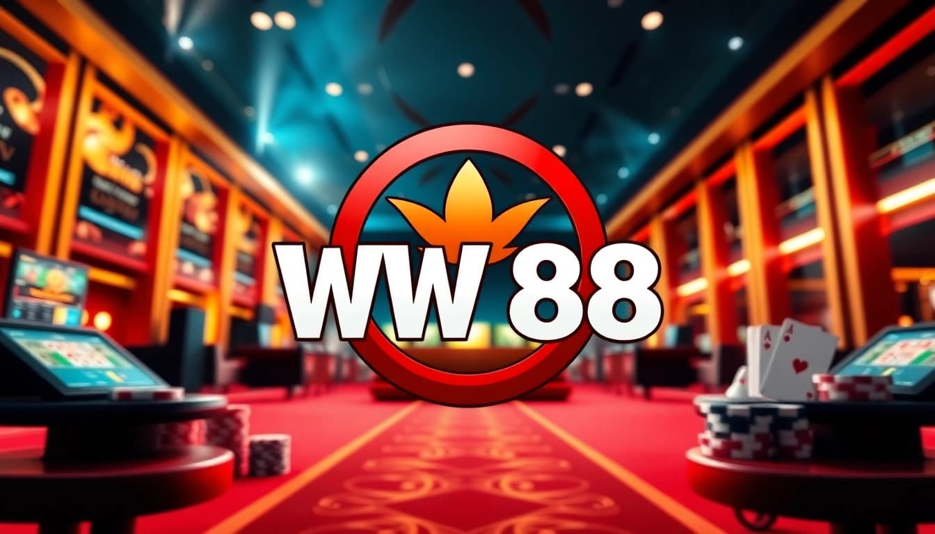 WW 88 logo in a luxurious casino backdrop with gaming elements, conveying excitement.