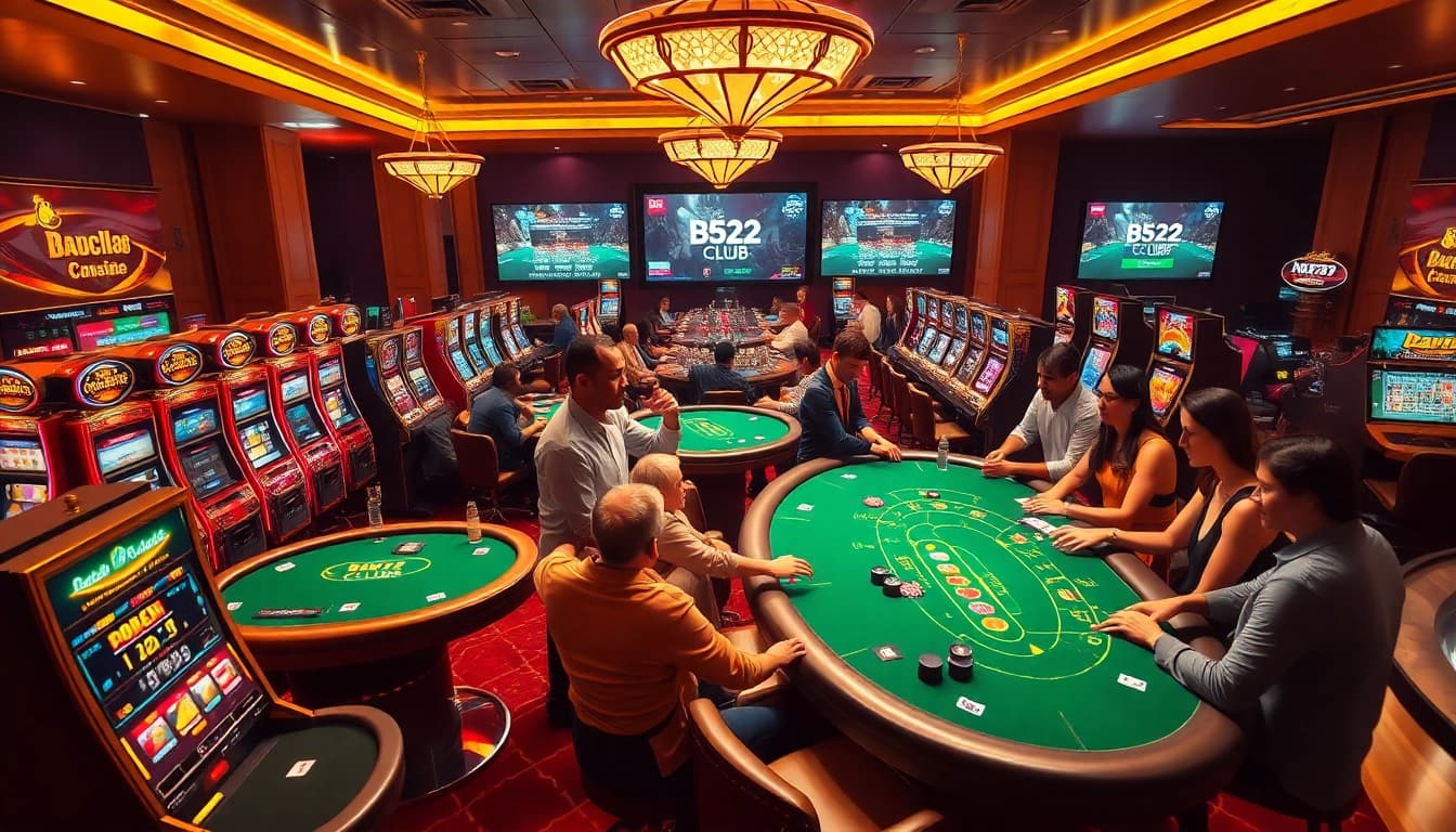 Players strategizing in the B52club casino, showcasing thrilling card games and vibrant slot machines.
