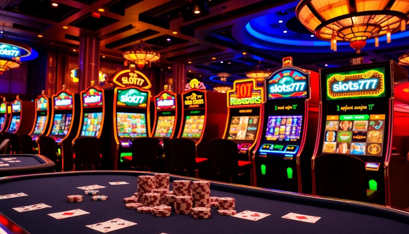 Excited players enjoying slots777 slot machines in a vibrant casino atmosphere.