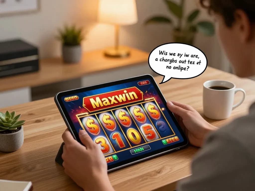 NAGA2000 player engaging with slot game interface on tablet, celebrating Maxwin jackpot win in cozy home office.