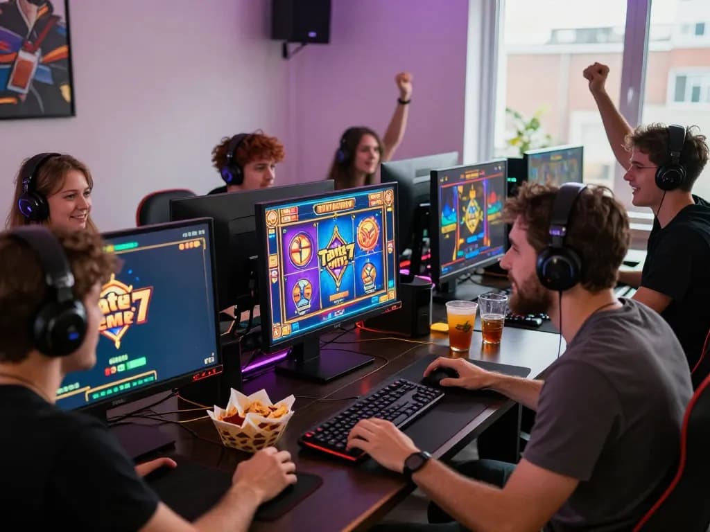 Group of friends enjoying a lively gaming session with tante77 slot games in a vibrant atmosphere.