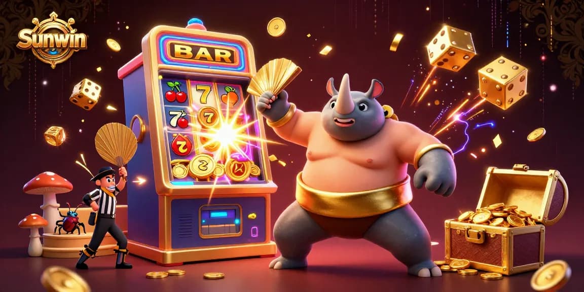 Engage with Sunwin's vibrant casino scene featuring a sumo beetle champion amidst flying coins and a jackpot!