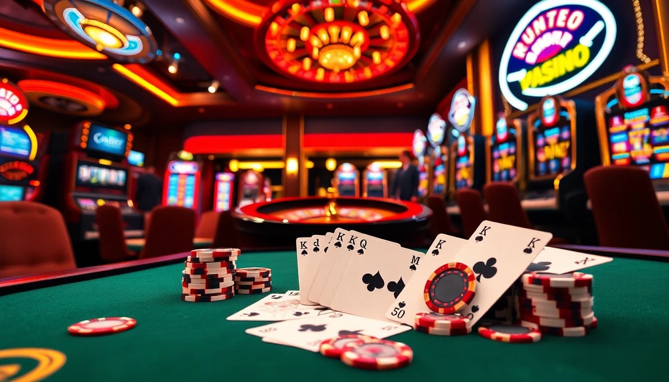 Kubet players enjoying vibrant casino excitement at a luxurious gambling table with poker chips.