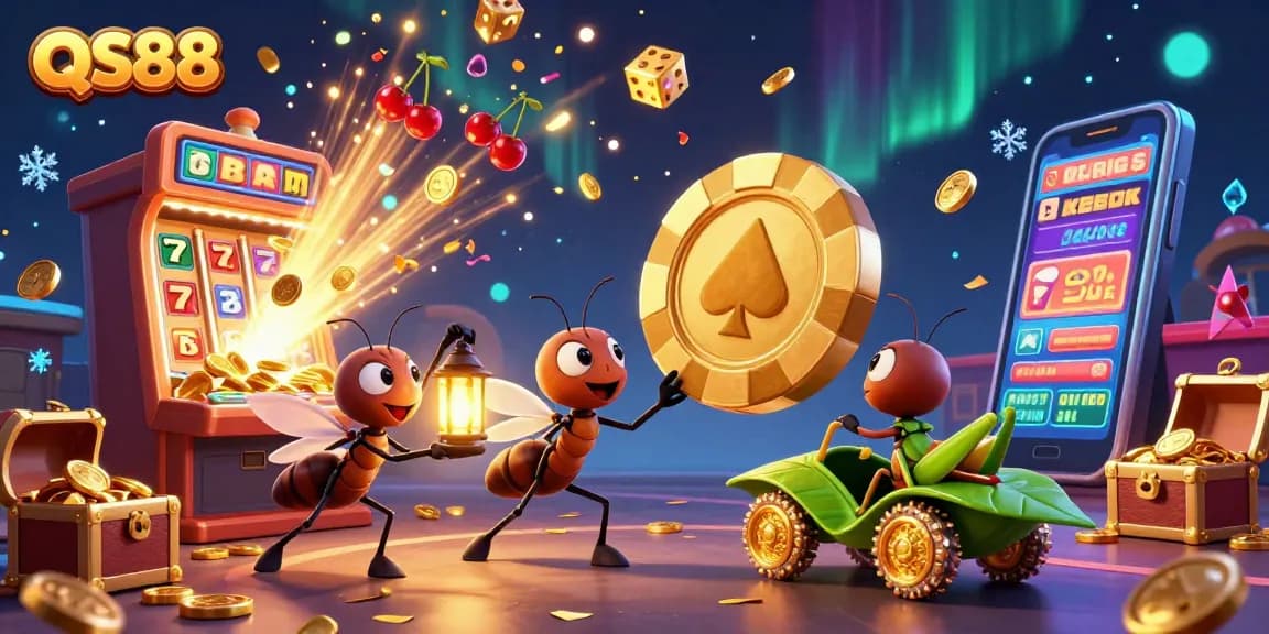 Ants executing a heist with a golden poker chip in a casino, celebrating winnings with QS88.