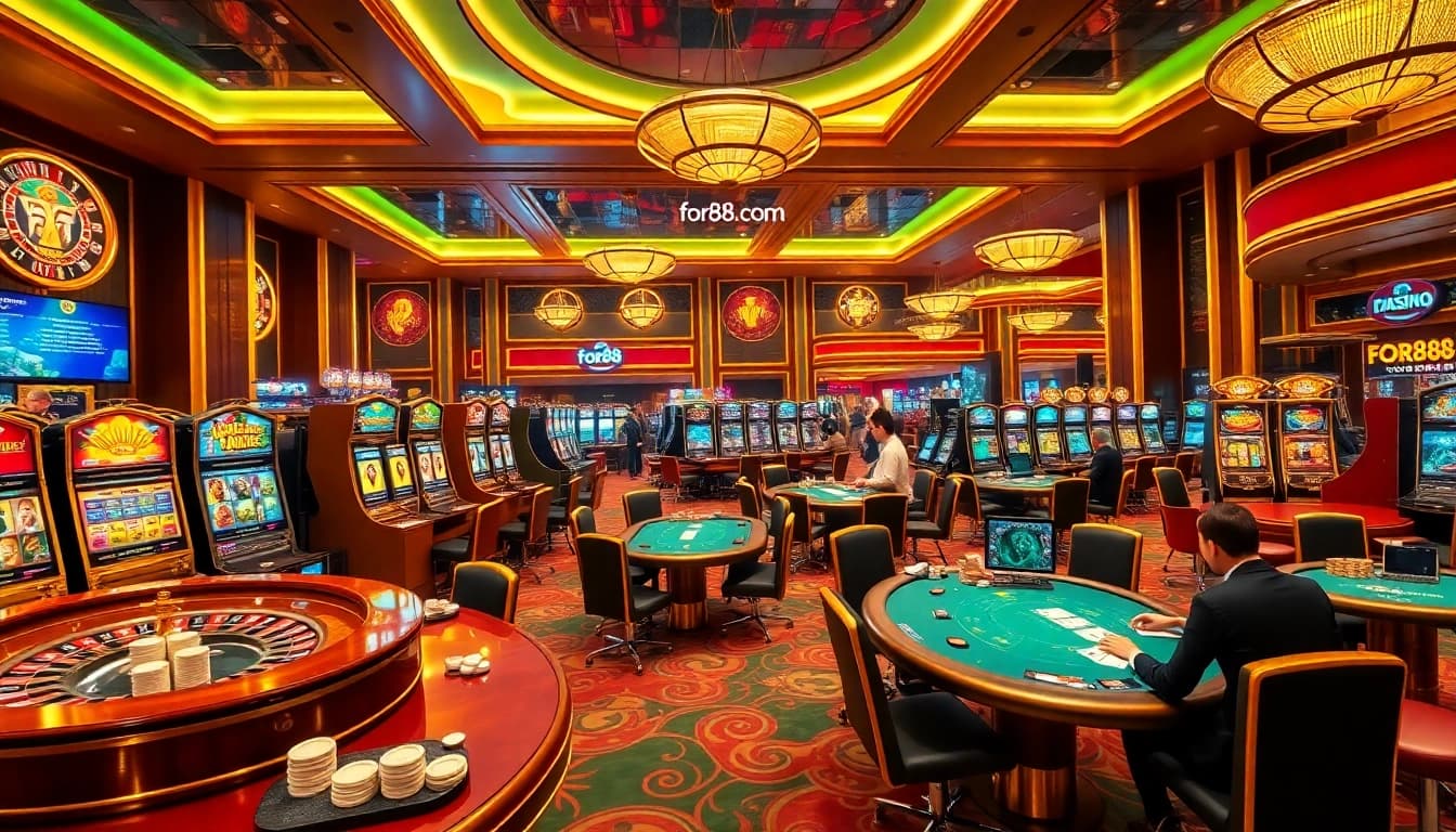 Engage in thrilling gaming experiences at for88 com casino, featuring poker tables, slot machines, and roulette wheels.