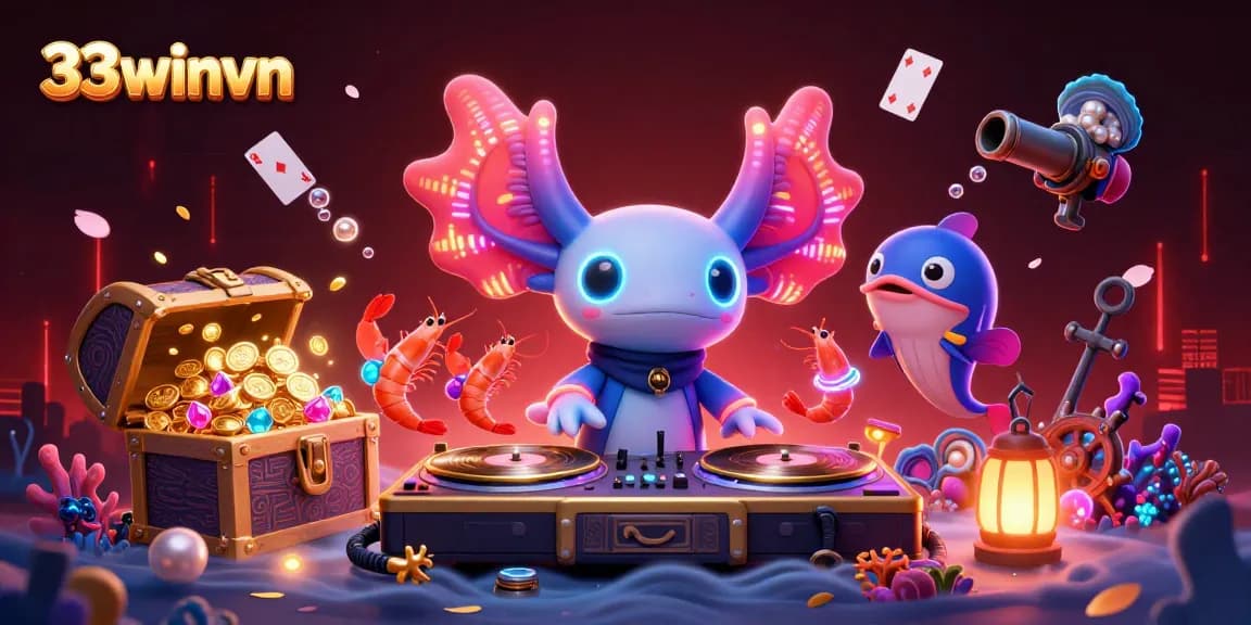 Engage with 33winvn's dynamic underwater casino scene featuring a neon DJ and vibrant sea creatures.