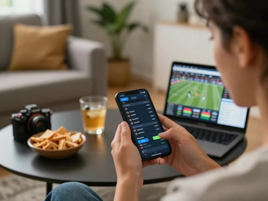Engaged in ดูหนังออนไลน์ฟรี while sports betting on smartphone in cozy setting.