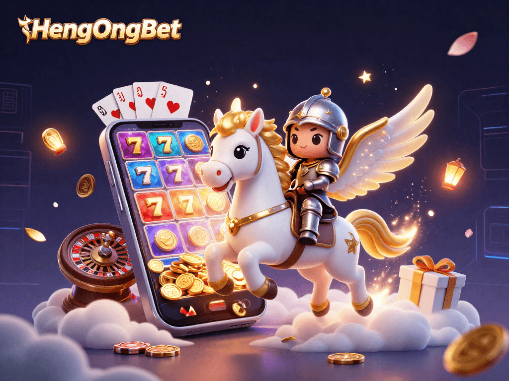 Engage with HengOngBet's thrilling casino adventures featuring a celestial horse and vibrant slots.