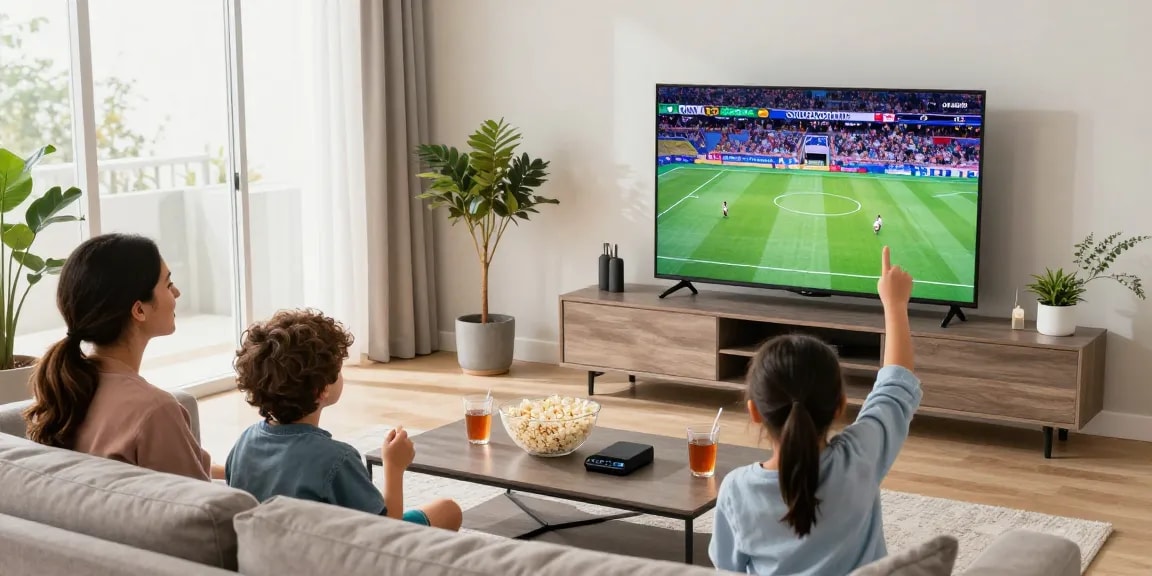 Watch Live TV in the USA with IPTV American in a cozy family living room.