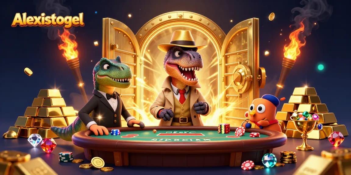 Alexistogel menunjukkan velociraptor menipu di meja blackjack dalam ilustrasi kasino yang meriah.