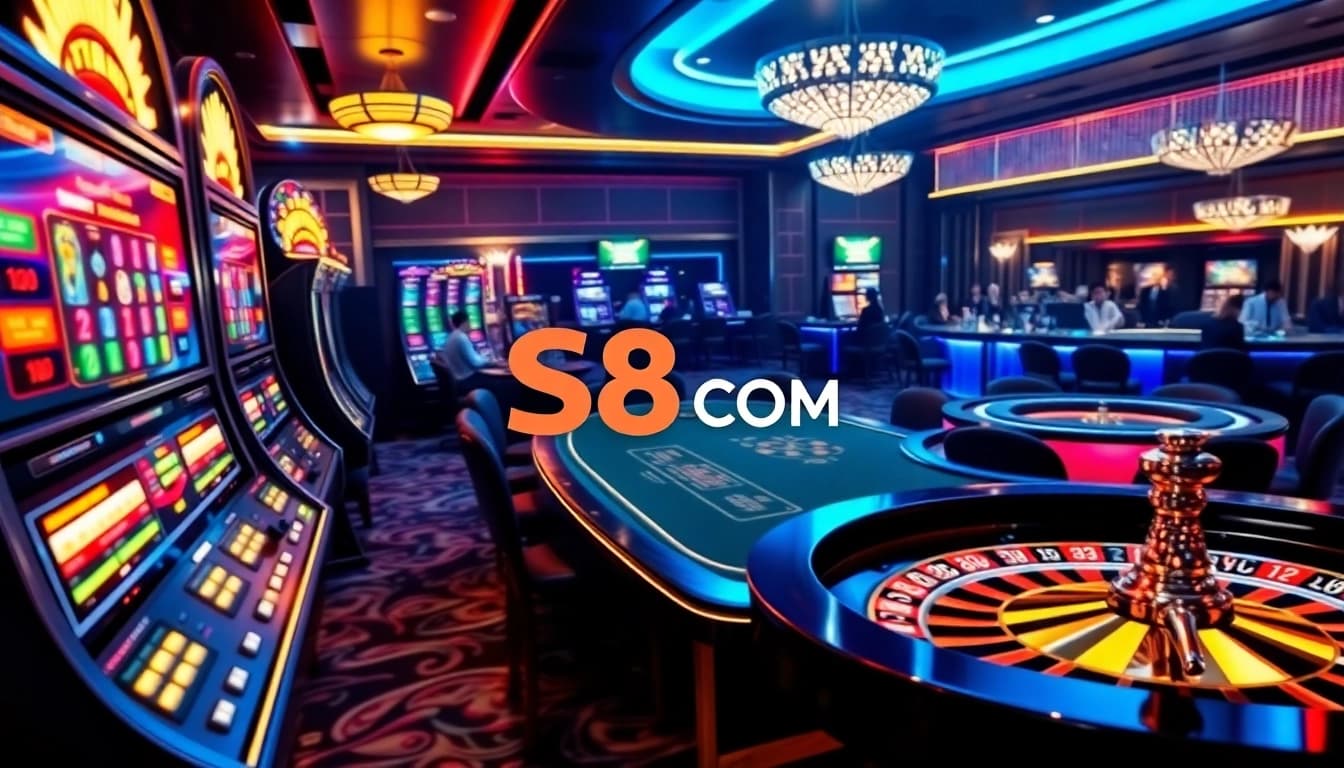 S8 com casino scene showcasing vibrant slot machines, poker table, and roulette wheels in an inviting atmosphere.