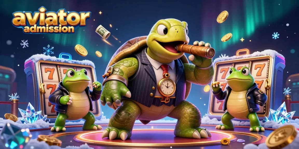 Aviator admission game featuring a snapping turtle in a suit surrounded by slot elements and vibrant casino lights.