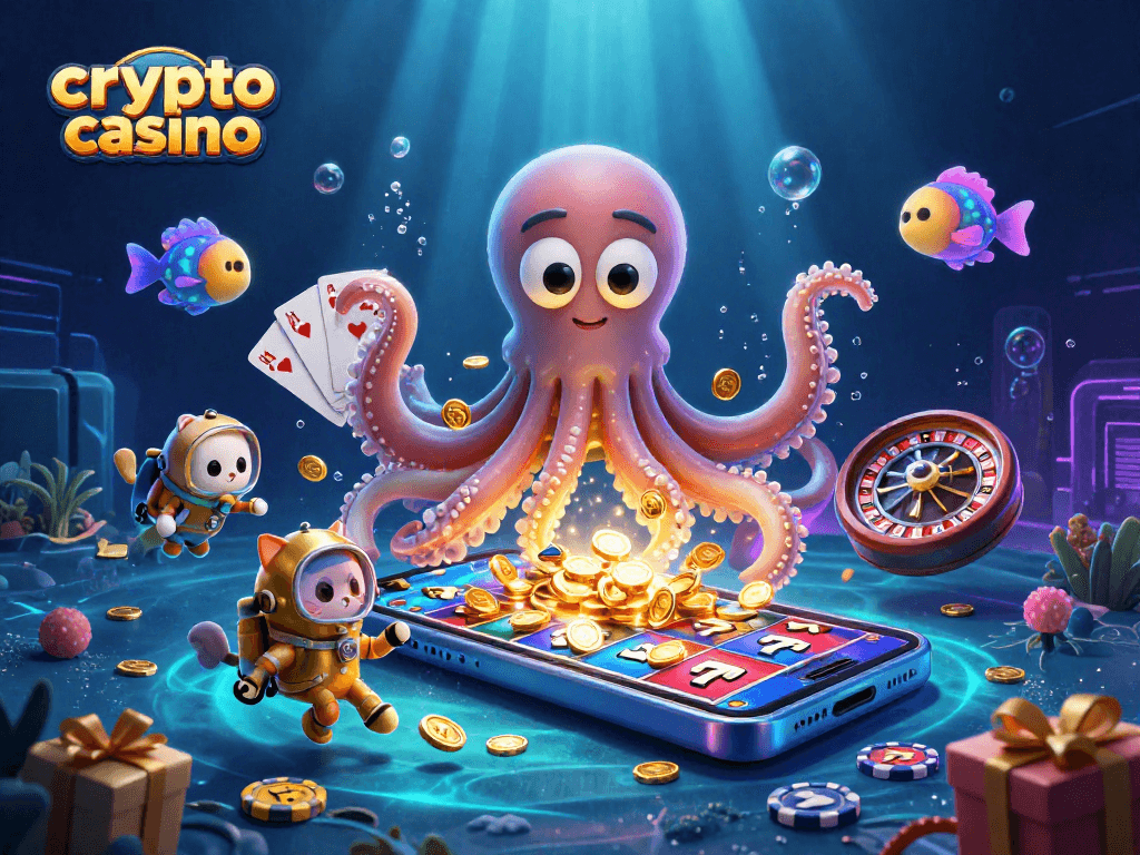 Experience a vibrant crypto casino scene with a kraken and a diving cat in this 3D illustration.