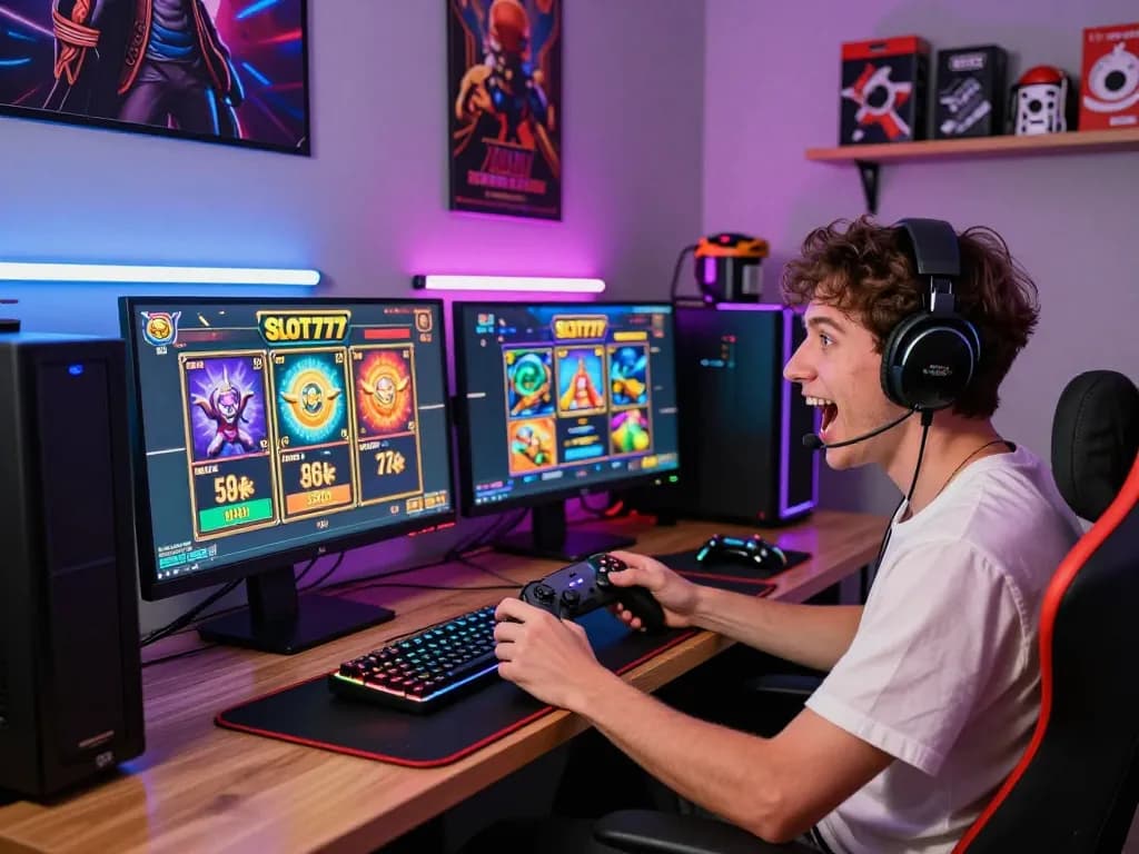 Pemain yang terlibat menikmati permainan slot777 gacor dalam pengaturan gaming yang imersif dengan lampu LED berwarna-warni dan layar dinamis.