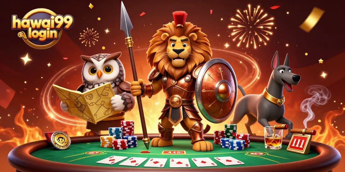 Experience the excitement of hawai99 login with a heroic 3D illustration of casino characters.