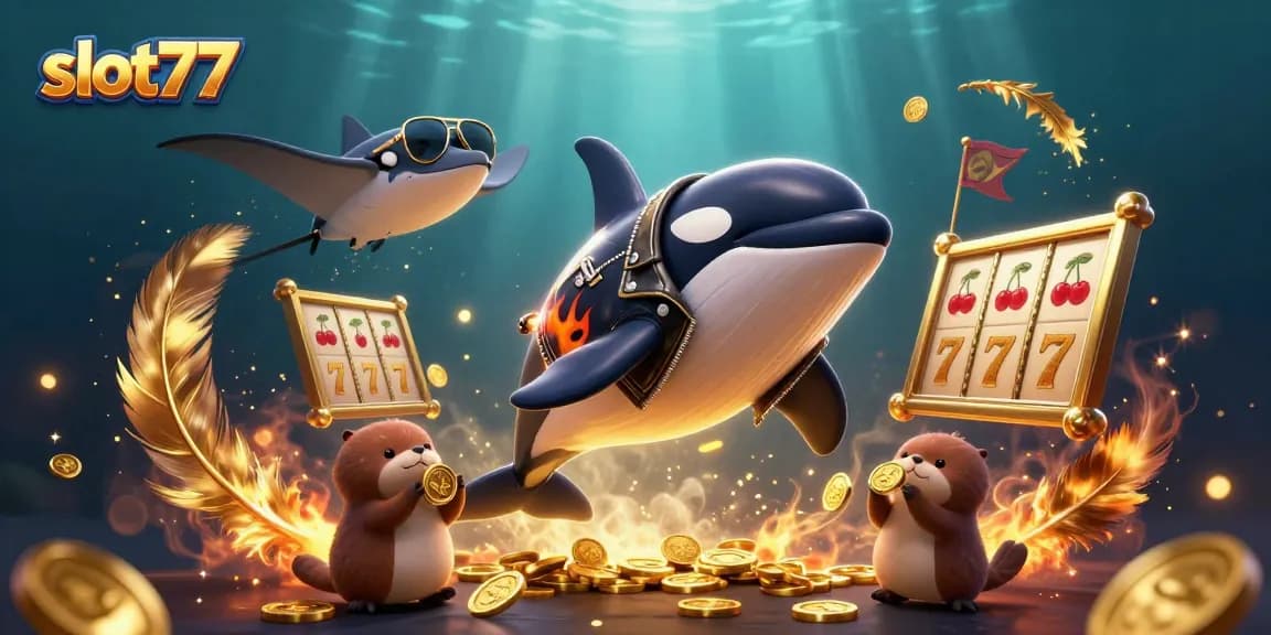 Spin slot77 reels with playful sea creatures celebrating jackpots and golden coins.