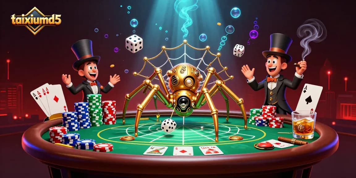Engage in thrilling gameplay at taixiumd5, featuring a dynamic poker scene with intricate characters and vibrant casino elements.