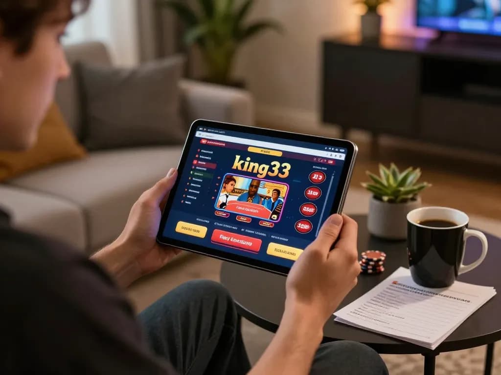 Engaging in online gaming on king33 with cozy home setup and tablet showing betting options