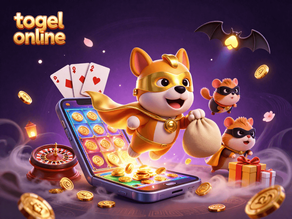 Menggali togel online dengan superhero anjing dan binatang pendukung, simbol poker chip di langit