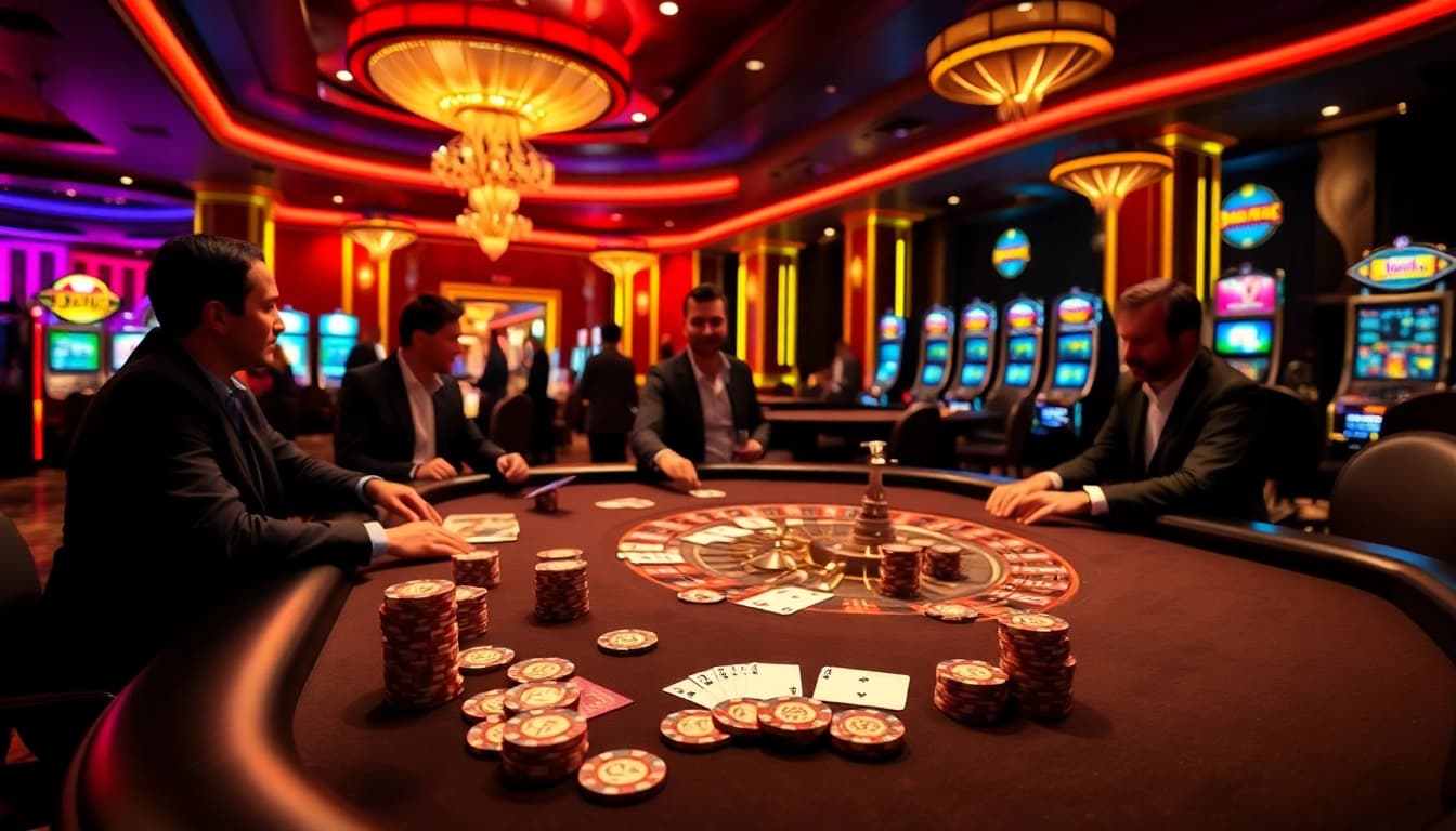 Alo789 engaging gamblers enjoying a luxurious casino experience at a poker table with vibrant colors.