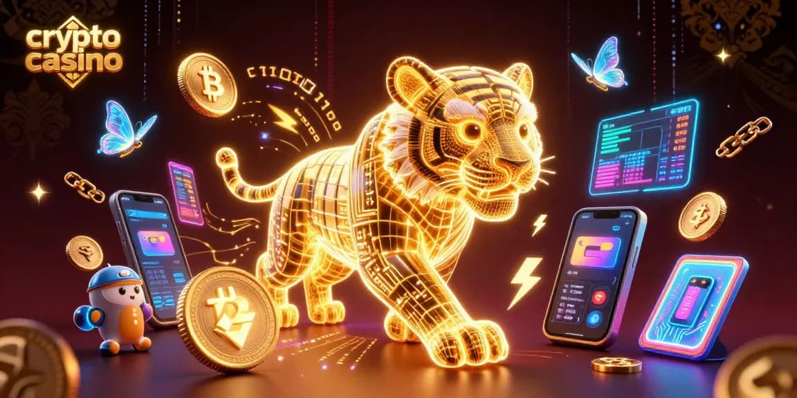 Engage in the crypto casino with a neon tiger and holographic elements illuminating the scene.