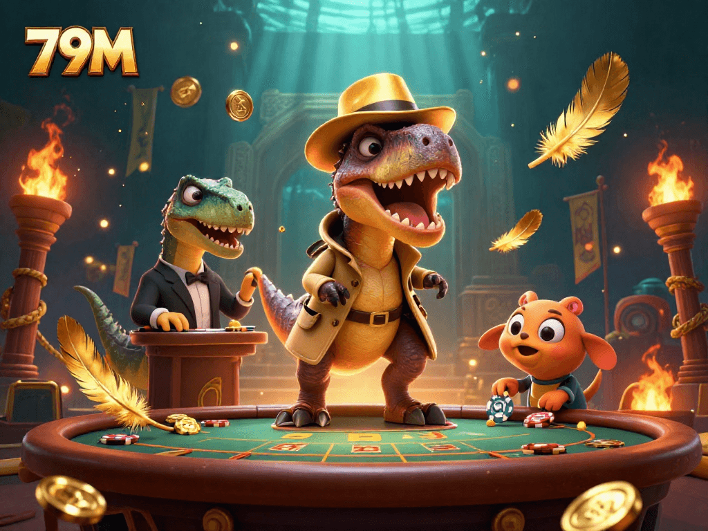 79M é apresentado em uma ilustração 3D rica com um velociraptor disfarçado em uma mesa de blackjack.