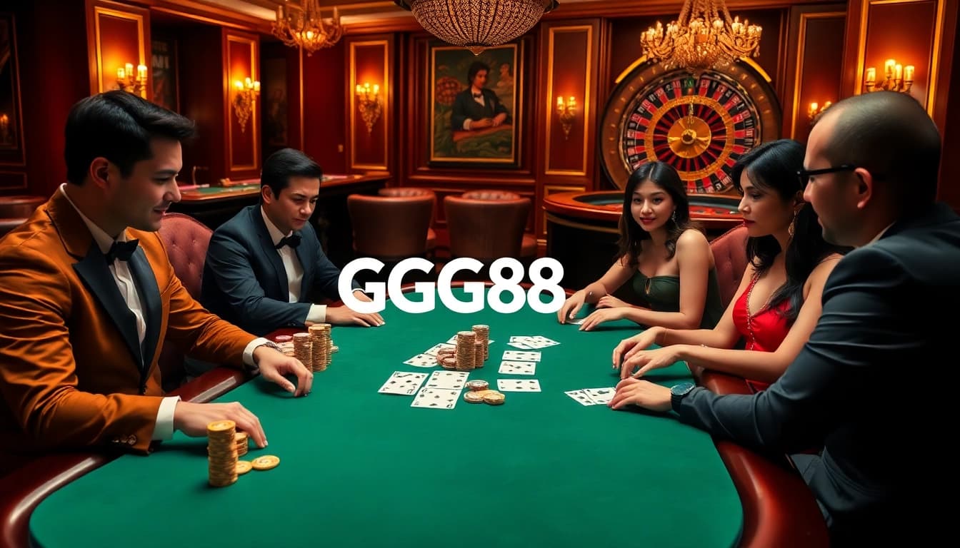 Experience the high-stakes excitement of poker at GG88, featuring engaged players and vibrant casino elements.
