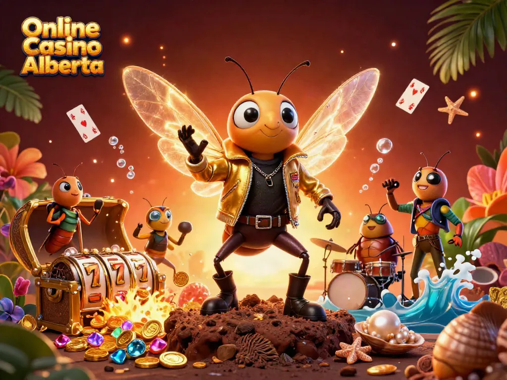 Experience the excitement of Online Casino Alberta with lively 3D illustration of a rock star cicada and dazzling game elements.