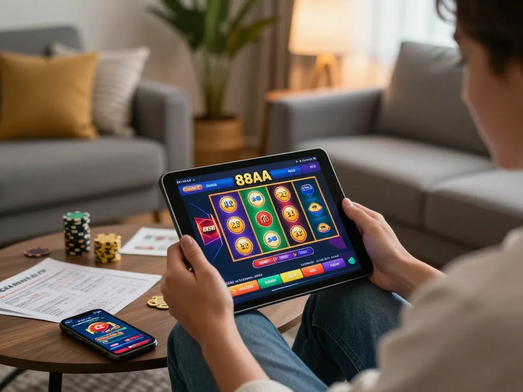 Engaging online gaming on 88aa trang chủ with a cozy home setup showcasing personal casino strategies.