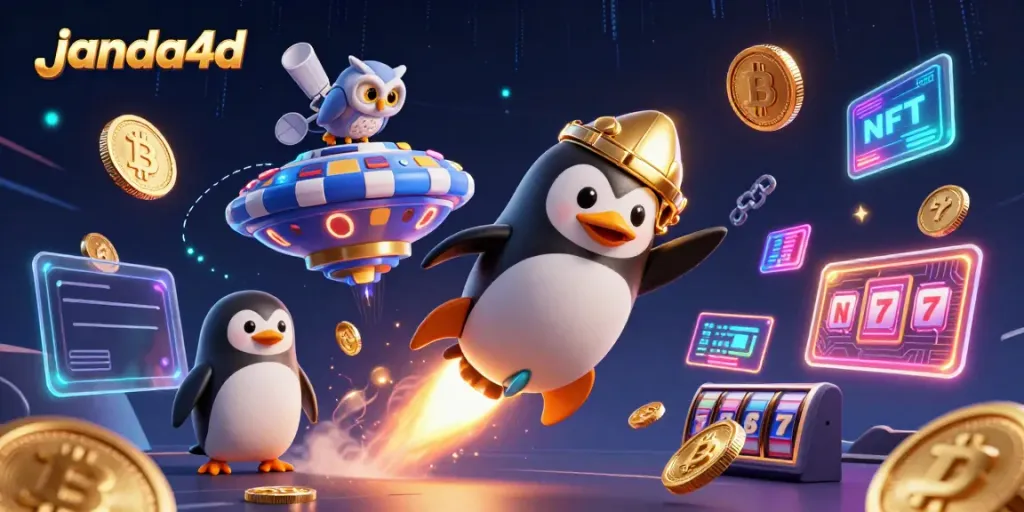 Menggambarkan takeoff janda4d dalam dunia kasino dengan penguin berlapis emas dan koin yang berkilauan.