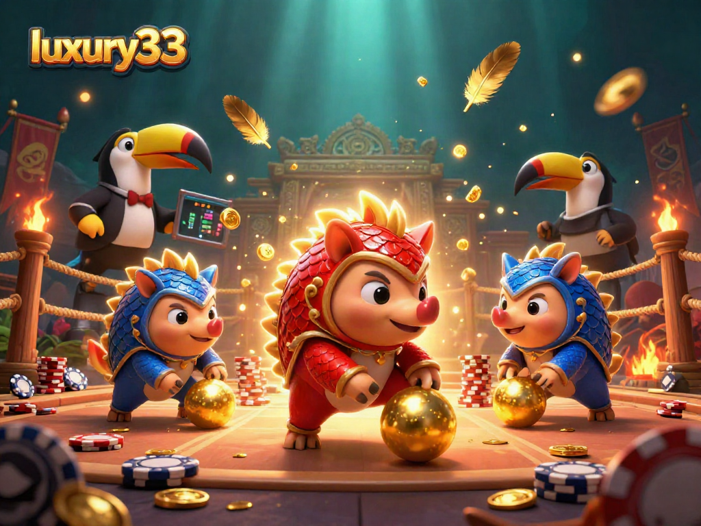 Rival pangolin dalam armor melempar bola emas di luxury333 sambil mengumpulkan koin dan keripik poker.