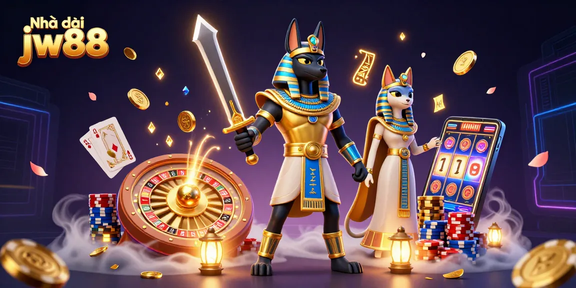 Experience the excitement of Nhà cái jw88 with ancient Egyptian warriors amidst a vibrant casino environment.