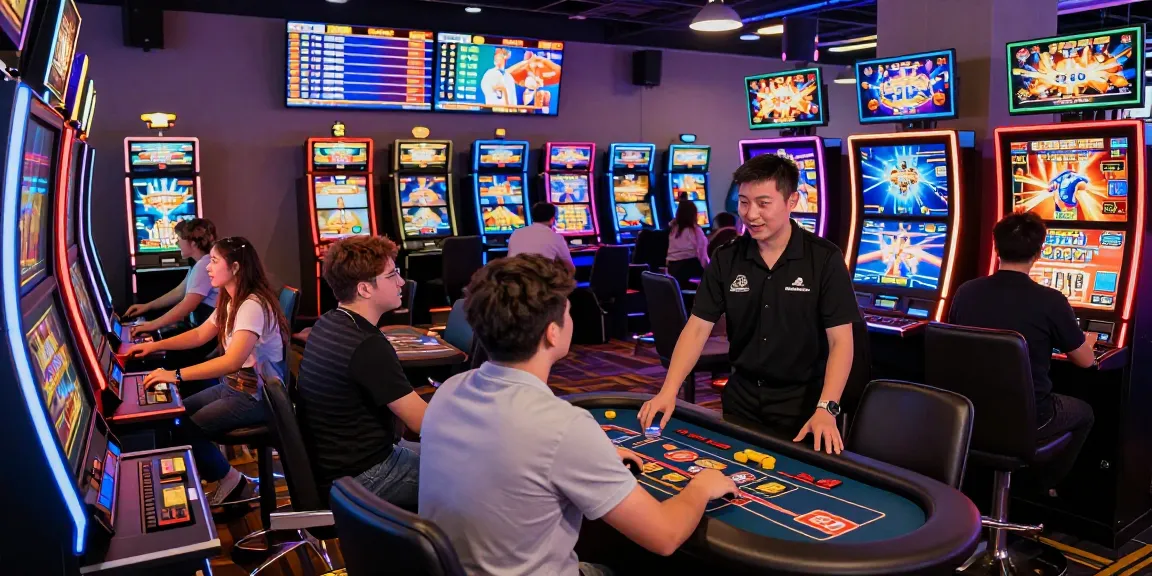 MPOCASH gaming scene showcasing players engaged in thrilling digital casino activities with vibrant lighting.