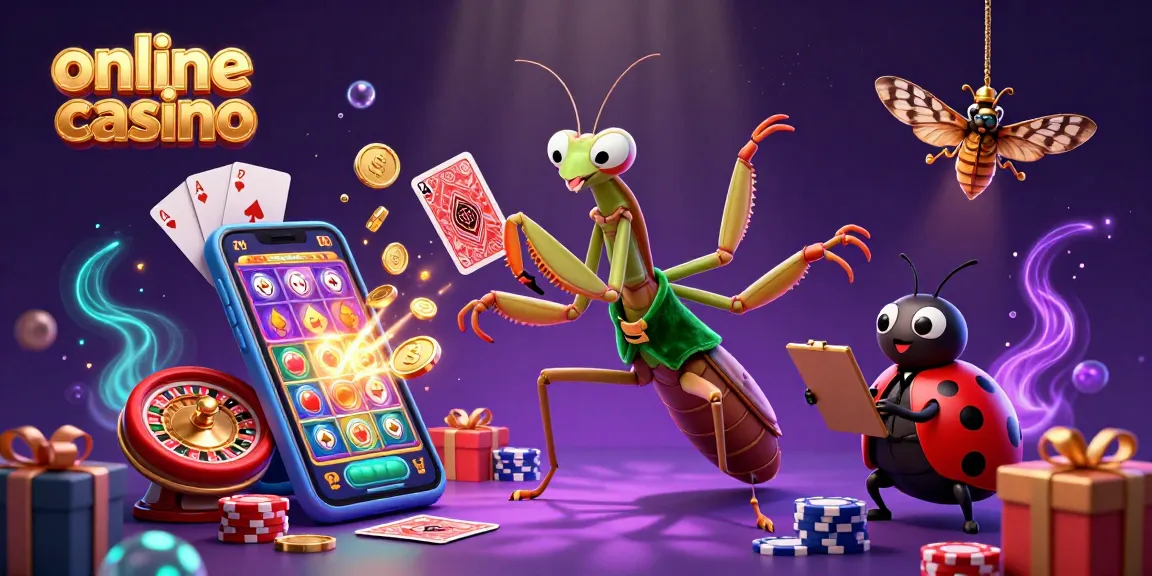 Engage with the vibrant online casino scene featuring a giant praying mantis card sharp and lively game elements.