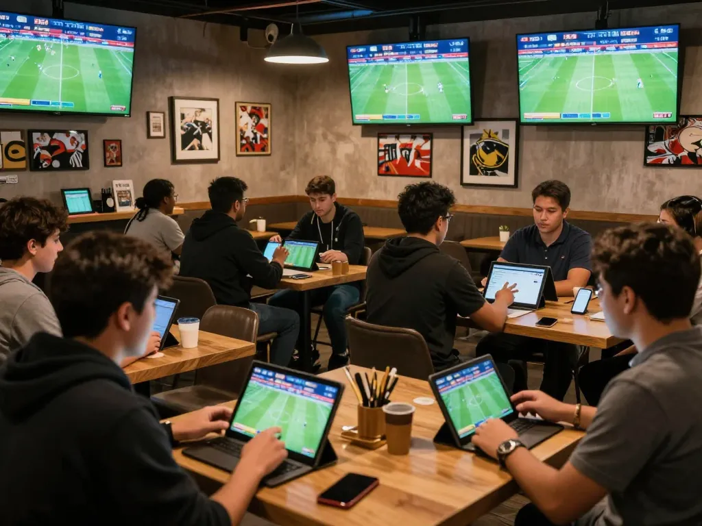 Soi Kèo sports enthusiasts actively placing bets in a lively café setting.