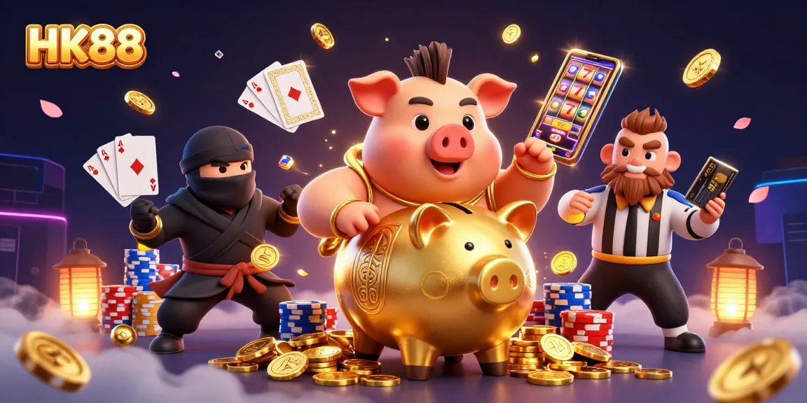 Experience thrilling gameplay at HK88 with a golden piggy bank sumo wrestler and wallet ninja amidst dazzling casino elements.