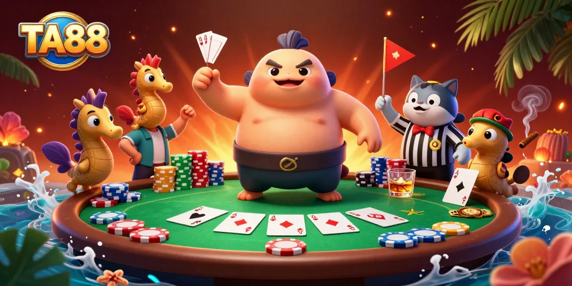 Engage in thrilling poker with TA88, featuring a dynamic fugu character and vibrant casino elements.