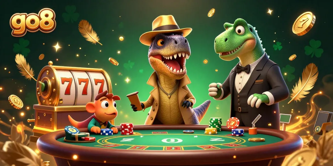Play exciting games at go8 with a sneaky velociraptor and a watchful stegosaurus in a casino scene.